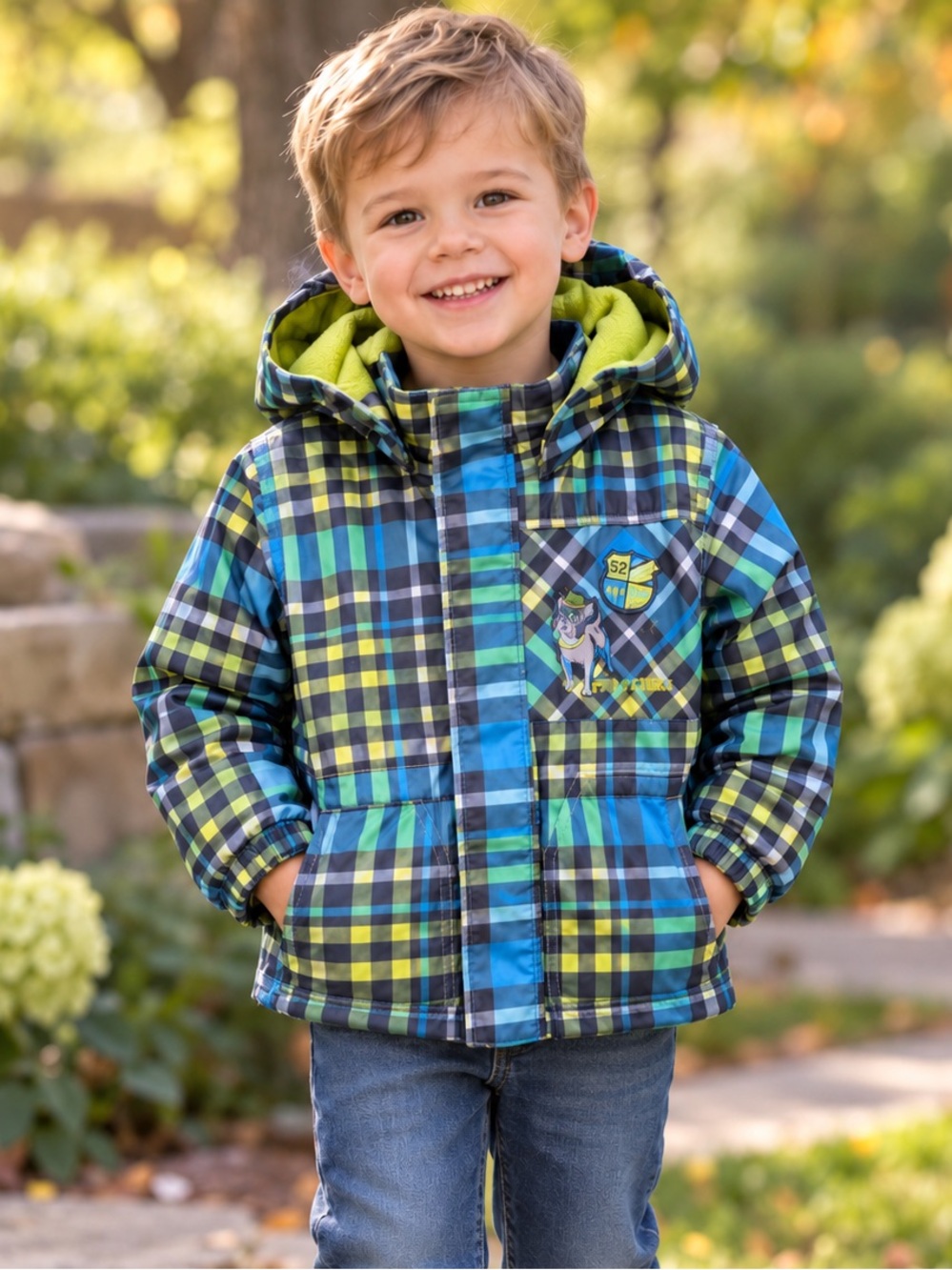 Peluche & Tartine Boys Plaid Hooded Jacket 3T Detachable Hood Fleece Lined